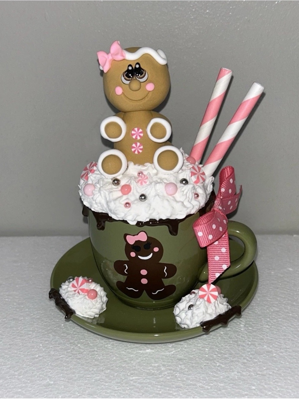 Handmade Pink & Green Fake Gingerbread Cup Decor - Home Accents